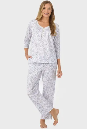 Blue and Blush Pink Ditsy 3/4 Sleeve Long Pant PJ Set