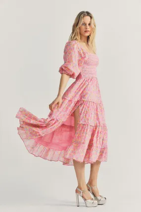 Capri tiered shirred floral-print midi dress in Melon Punch