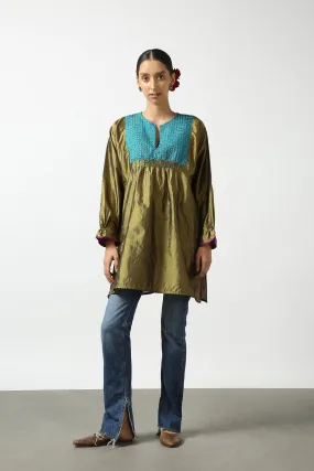 Green Raw Silk Hand Embroidered Short Phiran Top