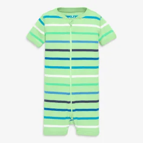 Organic short sleeve zip romper in cool breeze stripe